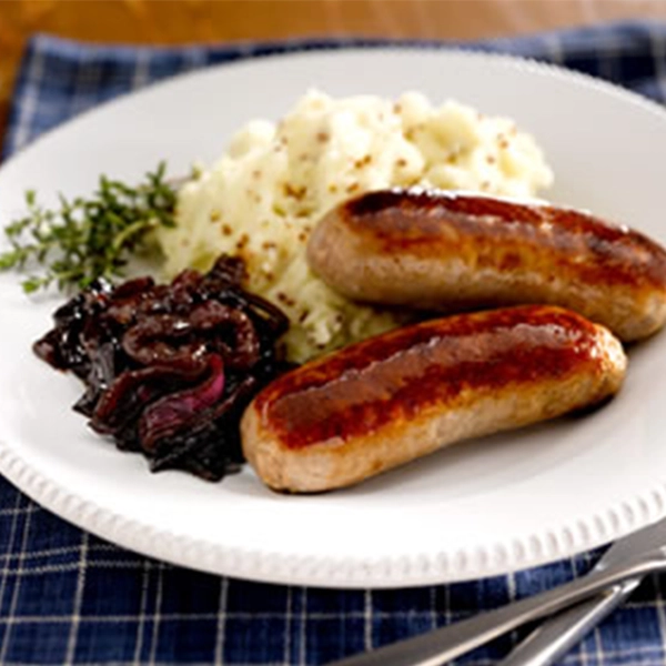 Sausages with Caramelised Onions and Wholegrain Mustard Mash